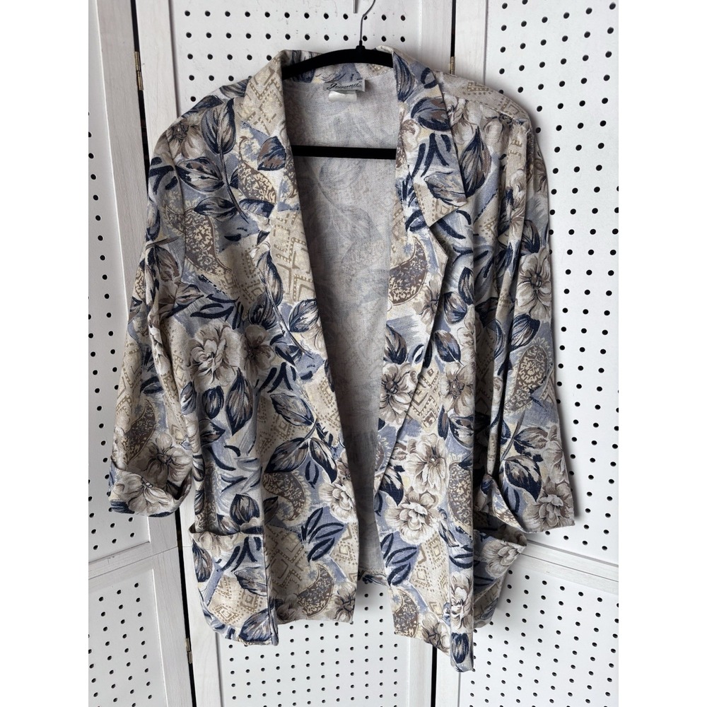 VTG Joanna Flax Linen Rayon Poly Open Blazer Jacket Women's XL Floral Blue Ivory